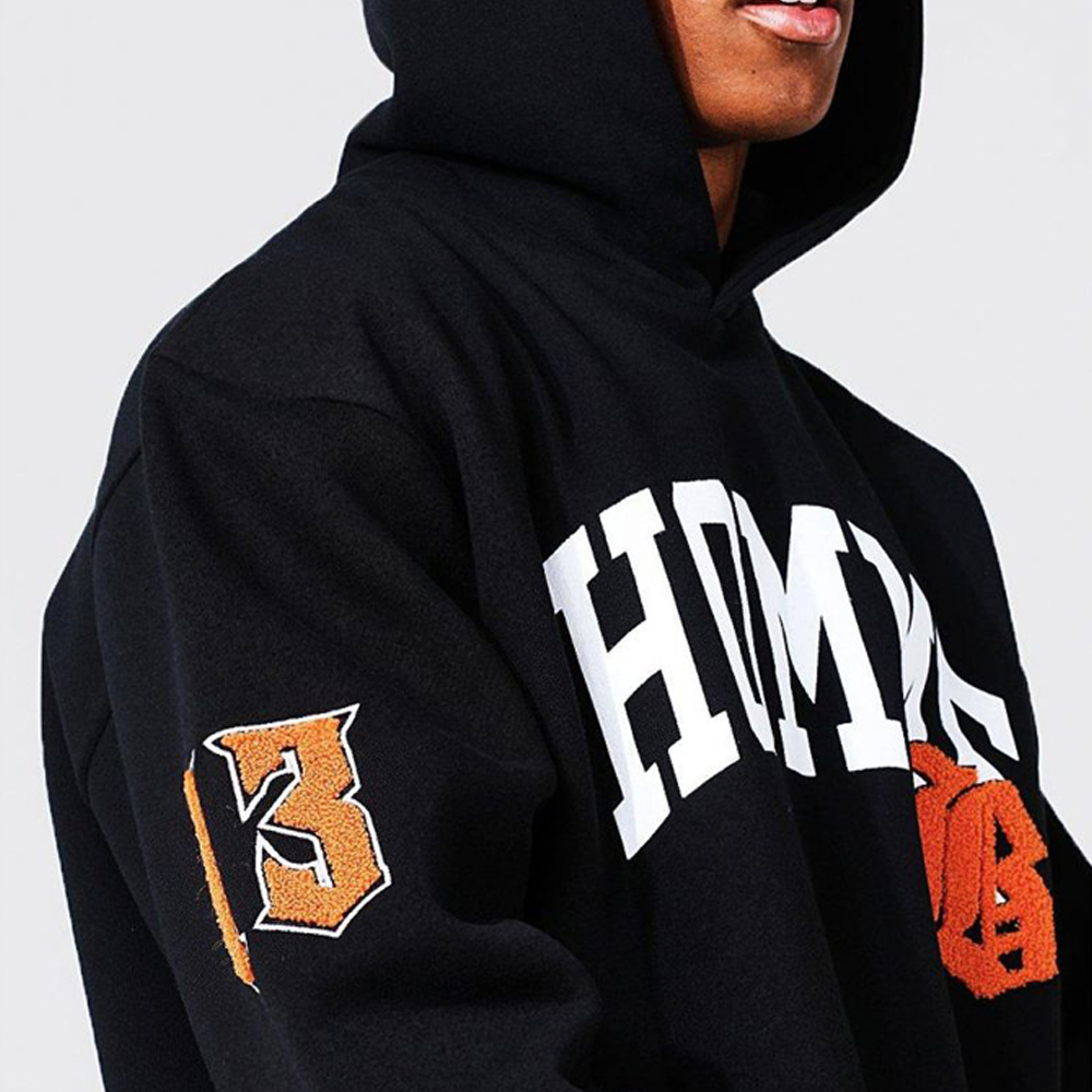Oversized Homme Applique Varsity Hoodie – Black
